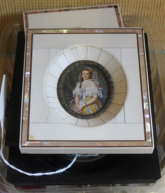 Pair of miniature portraits, framed tondo & two overpainted portrait prints in ivory frames